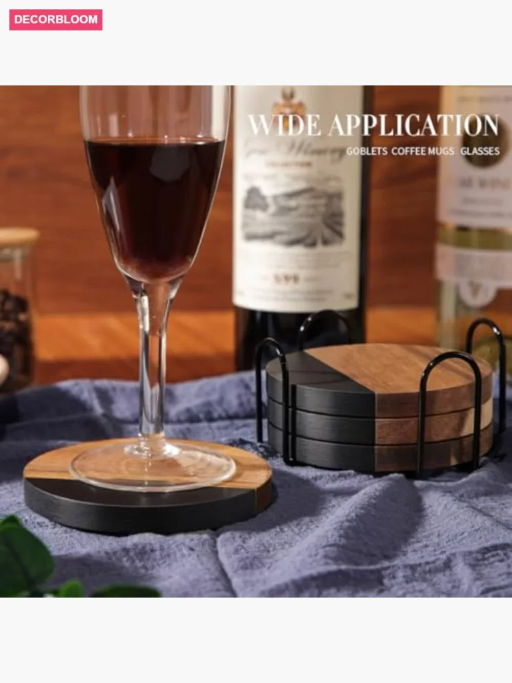 Set of 4 Acacia Wood Drink Coasters with Iron Holder